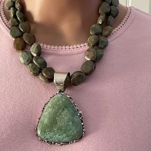 Green Opal Maitso Stone 2 Strand w/ Pendant Necklace